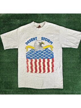 Vintage 90s Desert Storm T-Shirt Gray M/L USA Single Stitch Military Iraq War